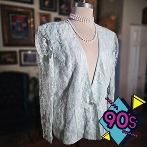 Vintage 90s Patra Mint Green Floral Lace Evening Long Sleeve Top  Pearl Button
